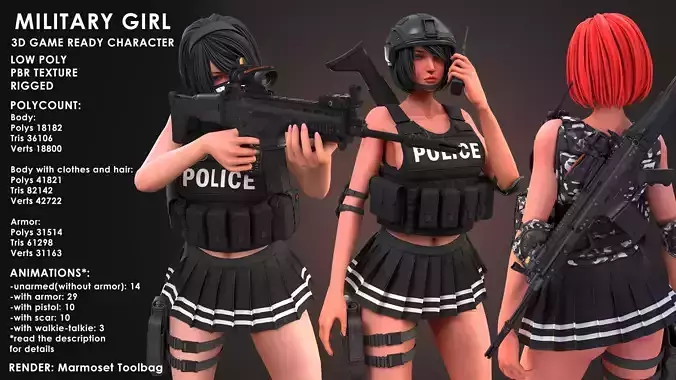 Military Girl Low-poly 3D model