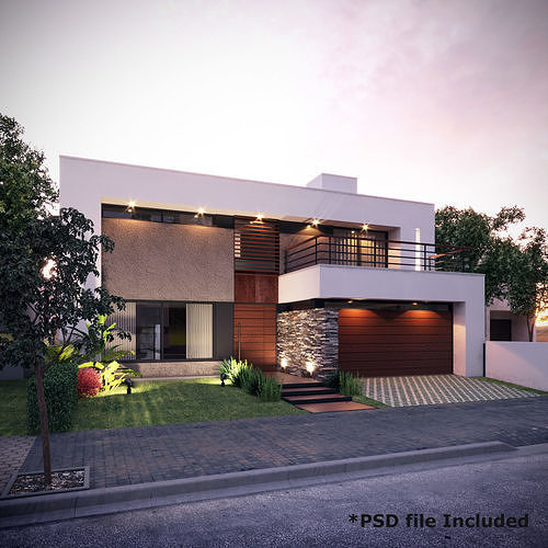 3D Modern House Ext Sunset Scene 3D model 7