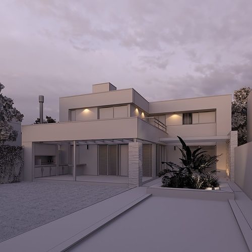 3D Modern House Ext Sunset Scene 3D model 3