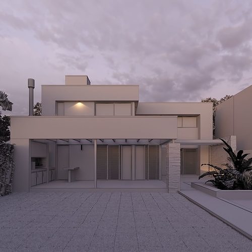 3D Modern House Ext Sunset Scene 3D model 6