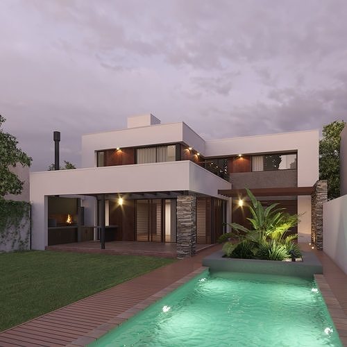 3D Modern House Ext Sunset Scene 3D model 2