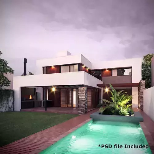 3D Modern House Ext Sunset Scene