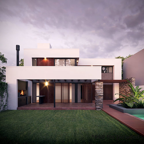 3D Modern House Ext Sunset Scene 3D model 4