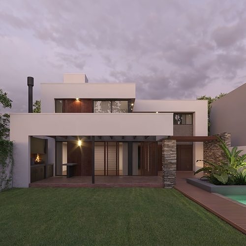 3D Modern House Ext Sunset Scene 3D model 5