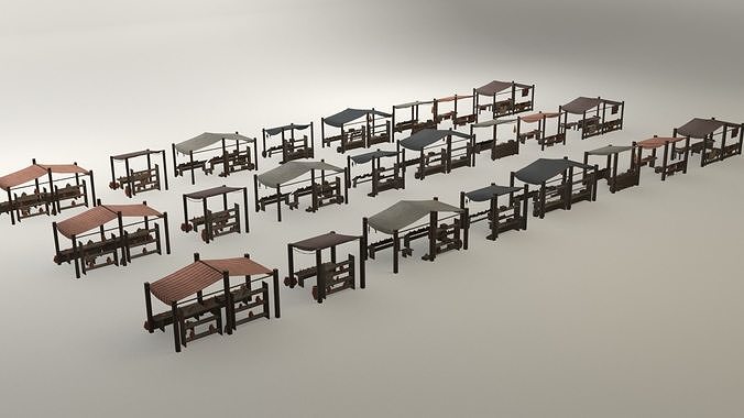 Game-ready medieval-antique street markets modular collection Low-poly 3D model 6