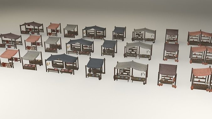 Game-ready medieval-antique street markets modular collection Low-poly 3D model 2