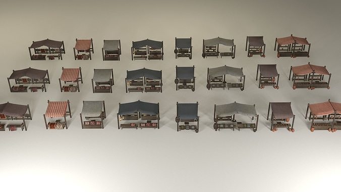 Game-ready medieval-antique street markets modular collection Low-poly 3D model 4