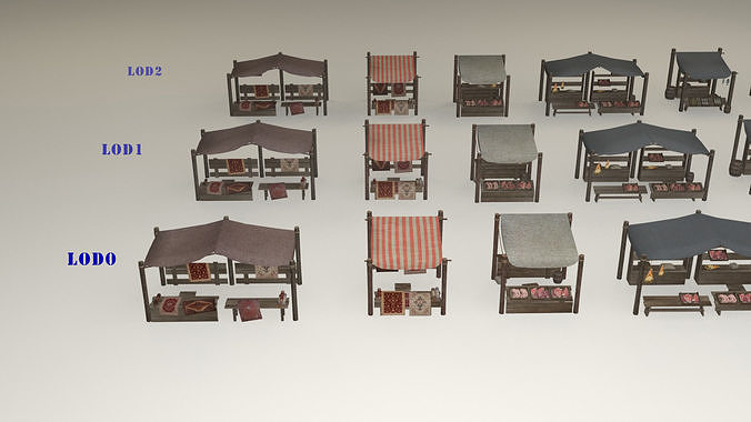 Game-ready medieval-antique street markets modular collection Low-poly 3D model 7