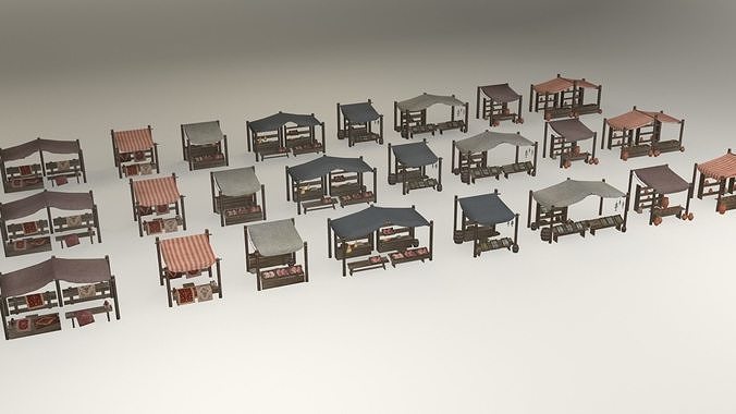 Game-ready medieval-antique street markets modular collection Low-poly 3D model 3