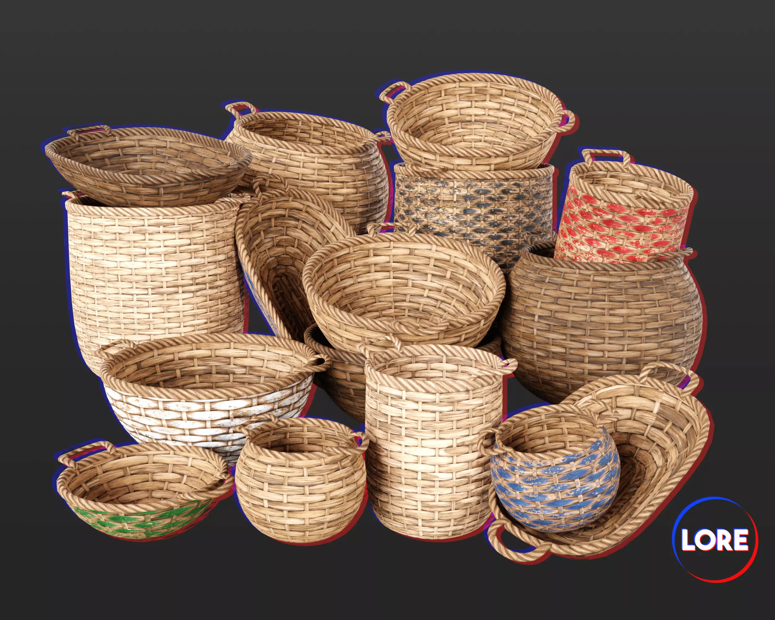 Medieval Containers Woven Baskets Low-poly 3D model_0