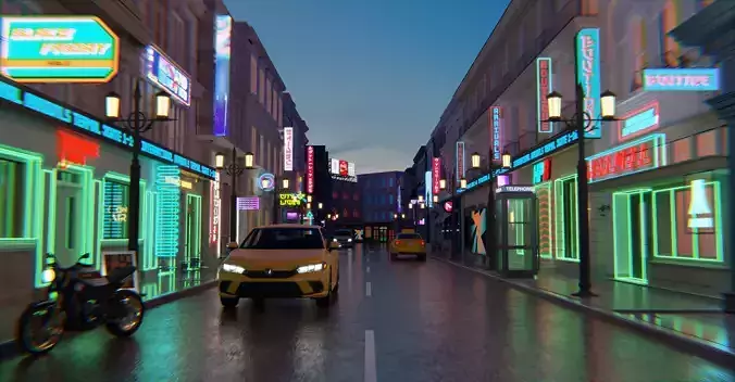 street city at night with neon signs