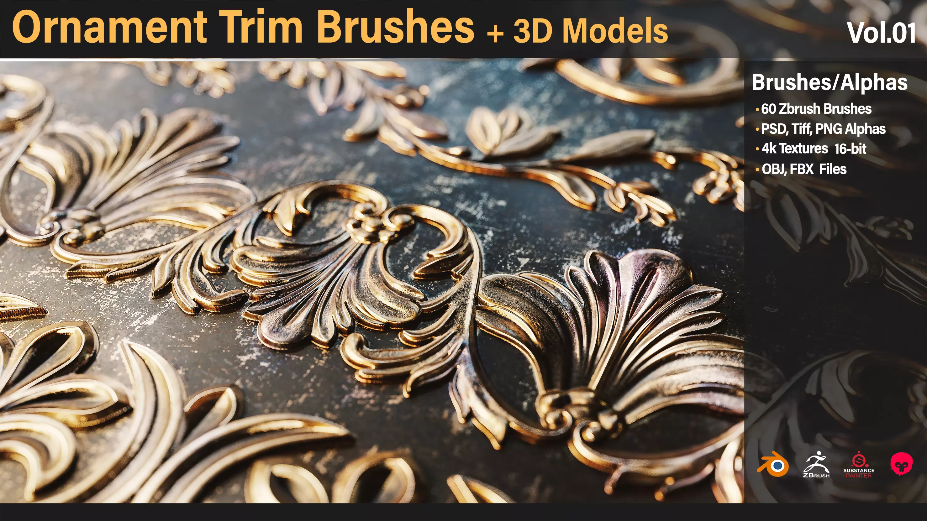60 Ornament Trim Brushes Vol01 Low-poly 3D model