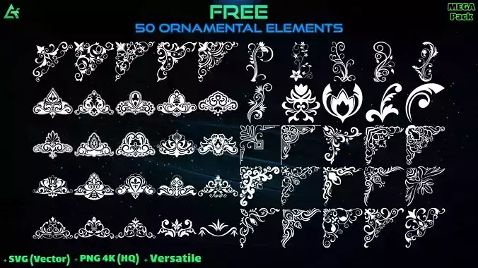 50 Free Hand Painted Alpha Ornamental Elements - Part of Vol 6