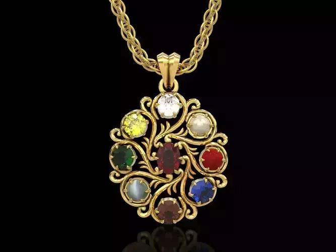 Navratna Oval Antique Filigree Pendant 3D print model