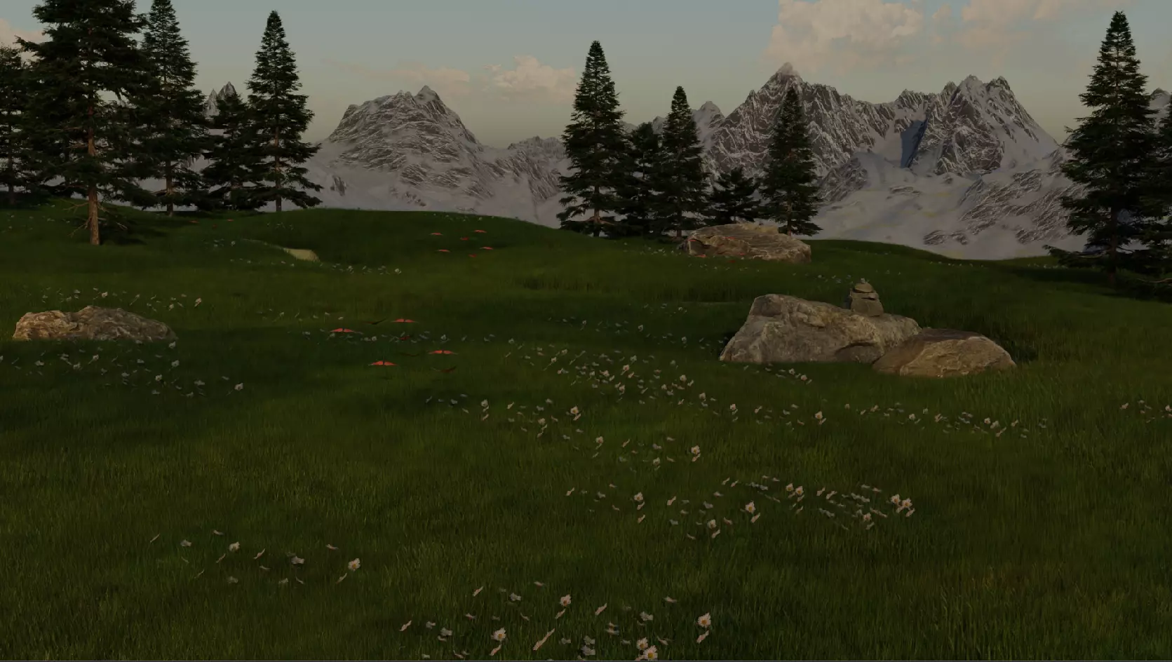 Countryside grassy meadow with trees and rocks Free 3D model