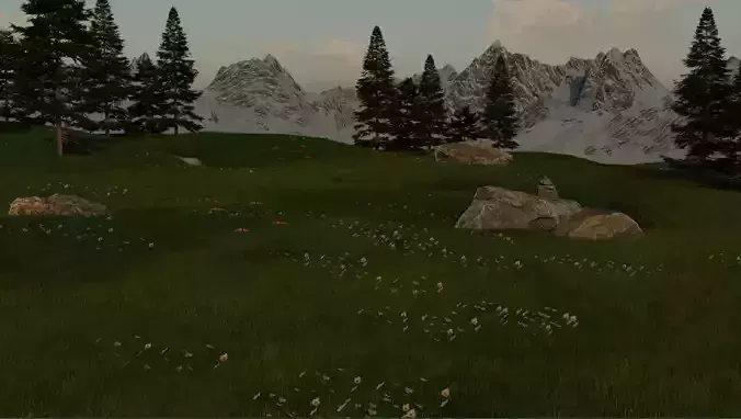 Countryside grassy meadow with trees and rocks