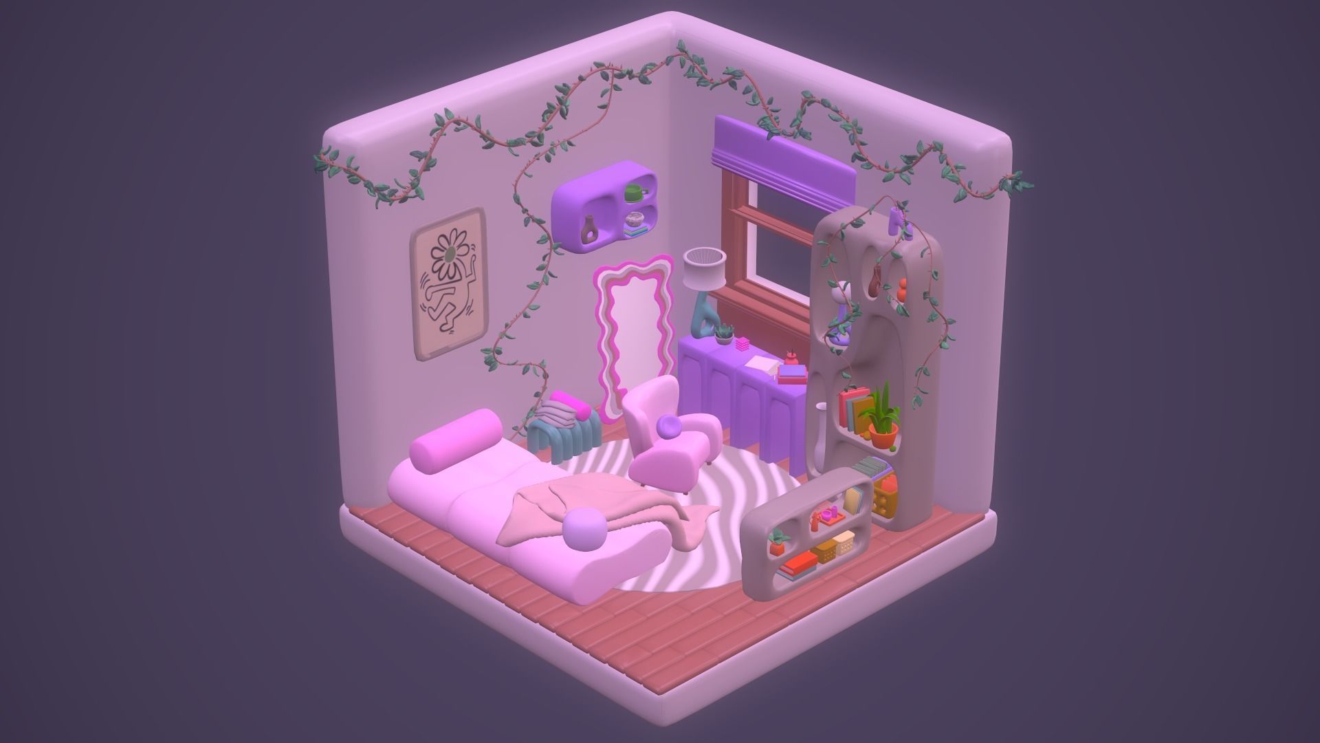 Girls  Designs Pink Vibe Room Kawaii Bedroom Unity Unreal Low-poly 3D model_4