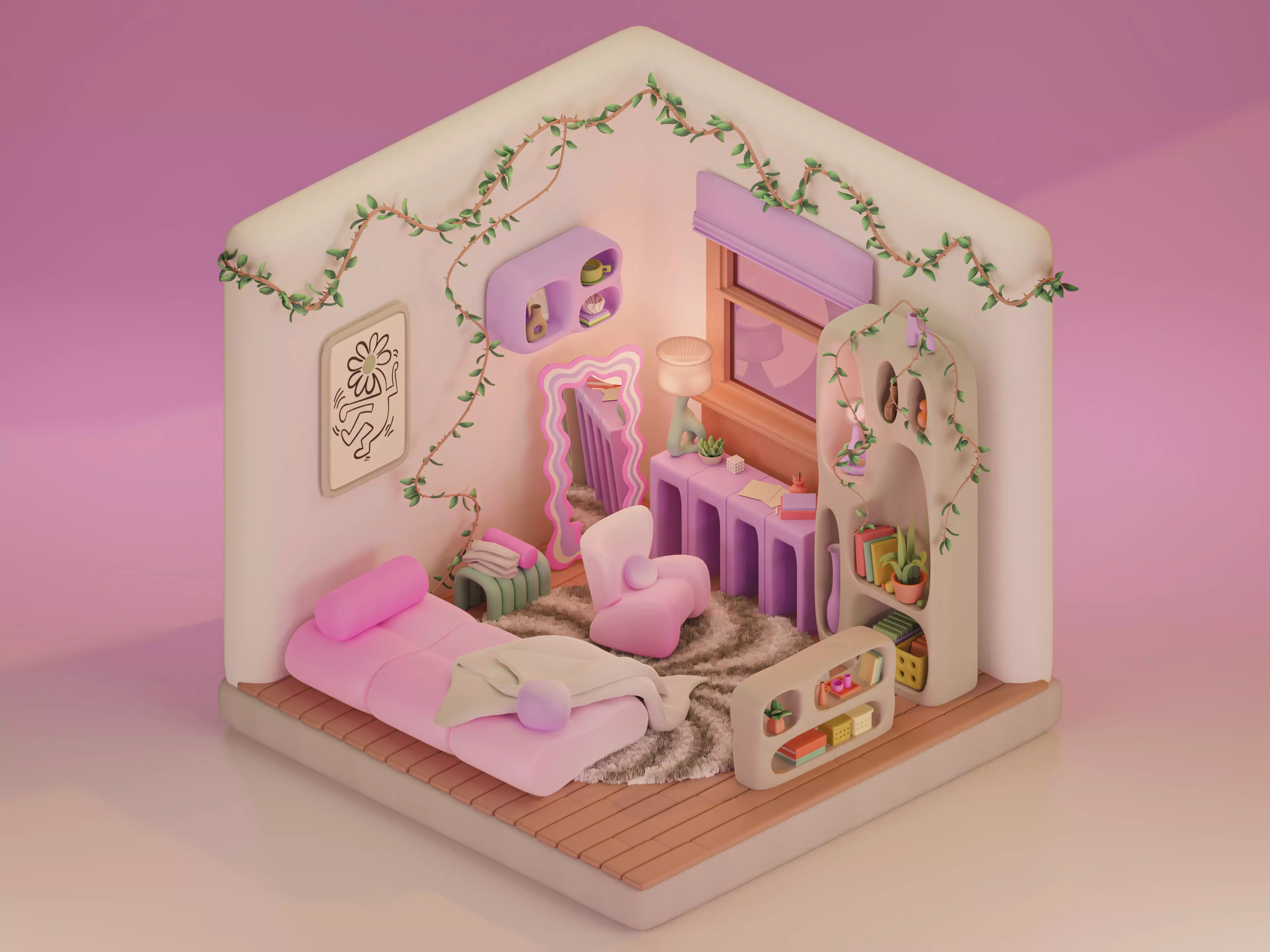 Girls  Designs Pink Vibe Room Kawaii Bedroom Unity Unreal Low-poly 3D model_0