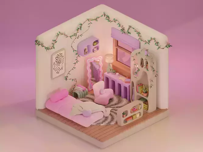 Girls  Designs Pink Vibe Room Kawaii Bedroom Unity Unreal Low-poly 3D model