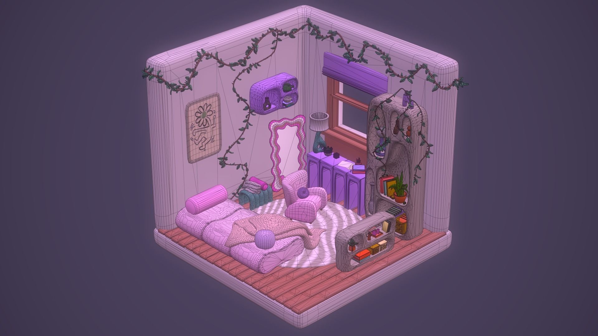 Girls  Designs Pink Vibe Room Kawaii Bedroom Unity Unreal Low-poly 3D model_9
