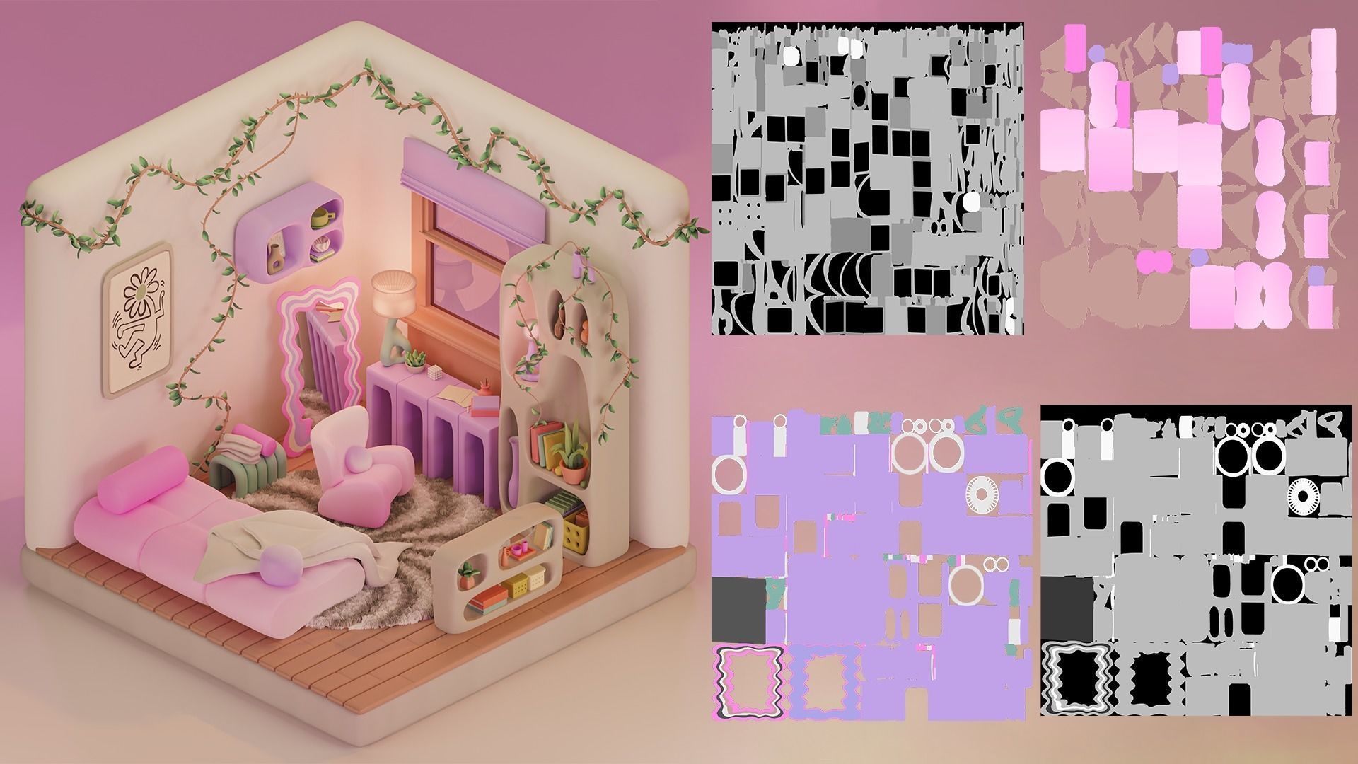 Girls  Designs Pink Vibe Room Kawaii Bedroom Unity Unreal Low-poly 3D model_2