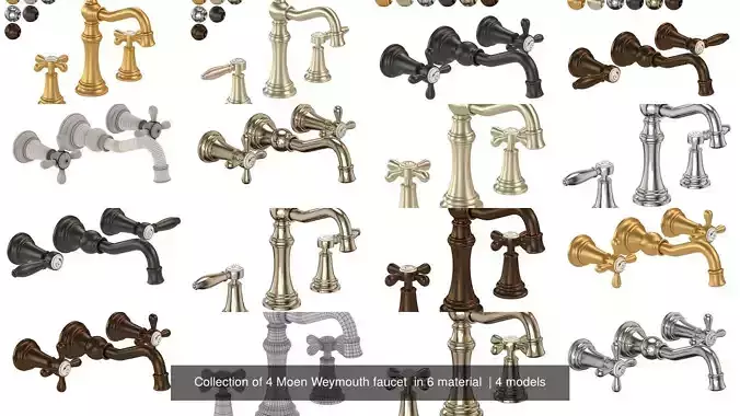 Collection of 4 Moen Weymouth faucet  in 6 material 