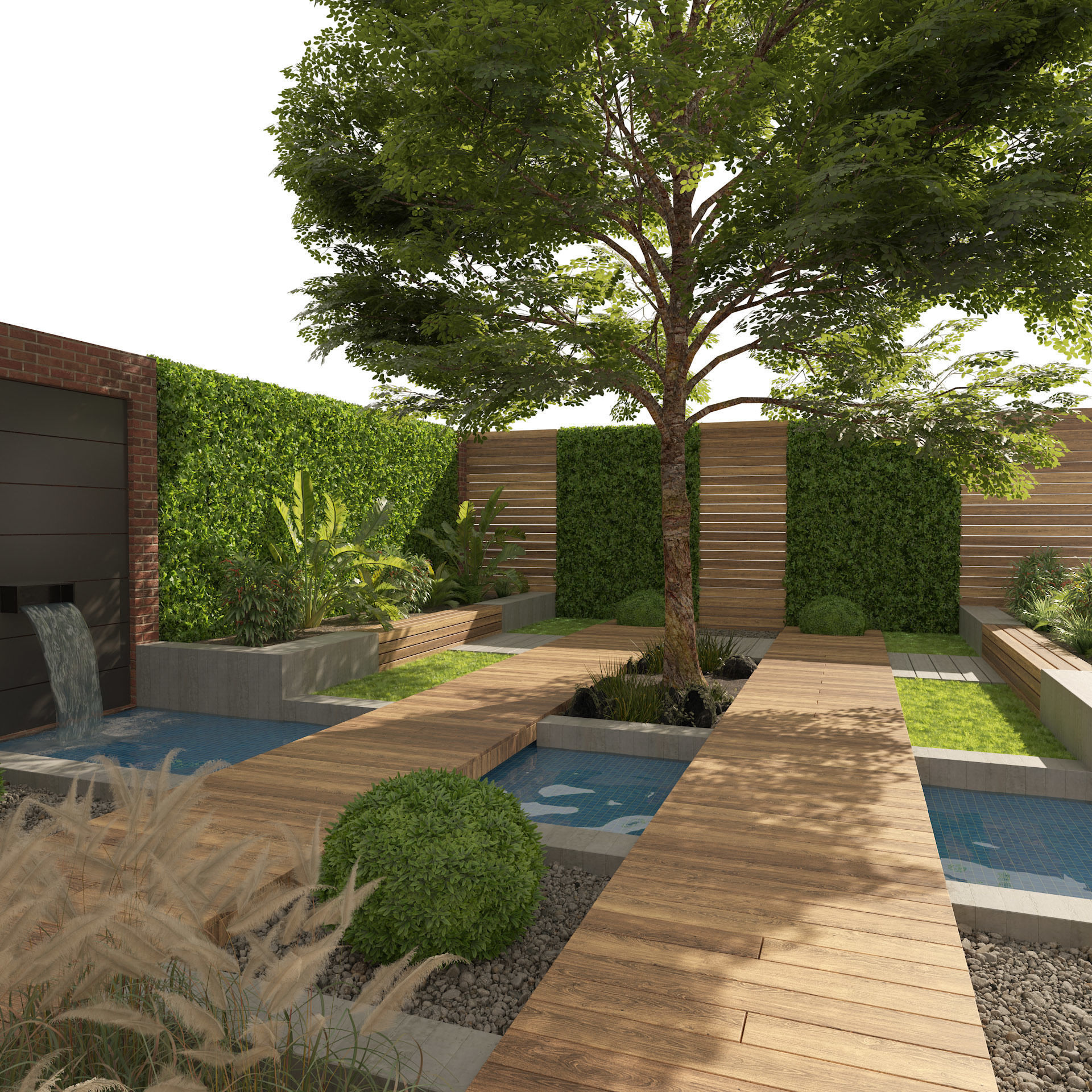 Exterior Garden yard with plants and small pool Low-poly 3D model_4