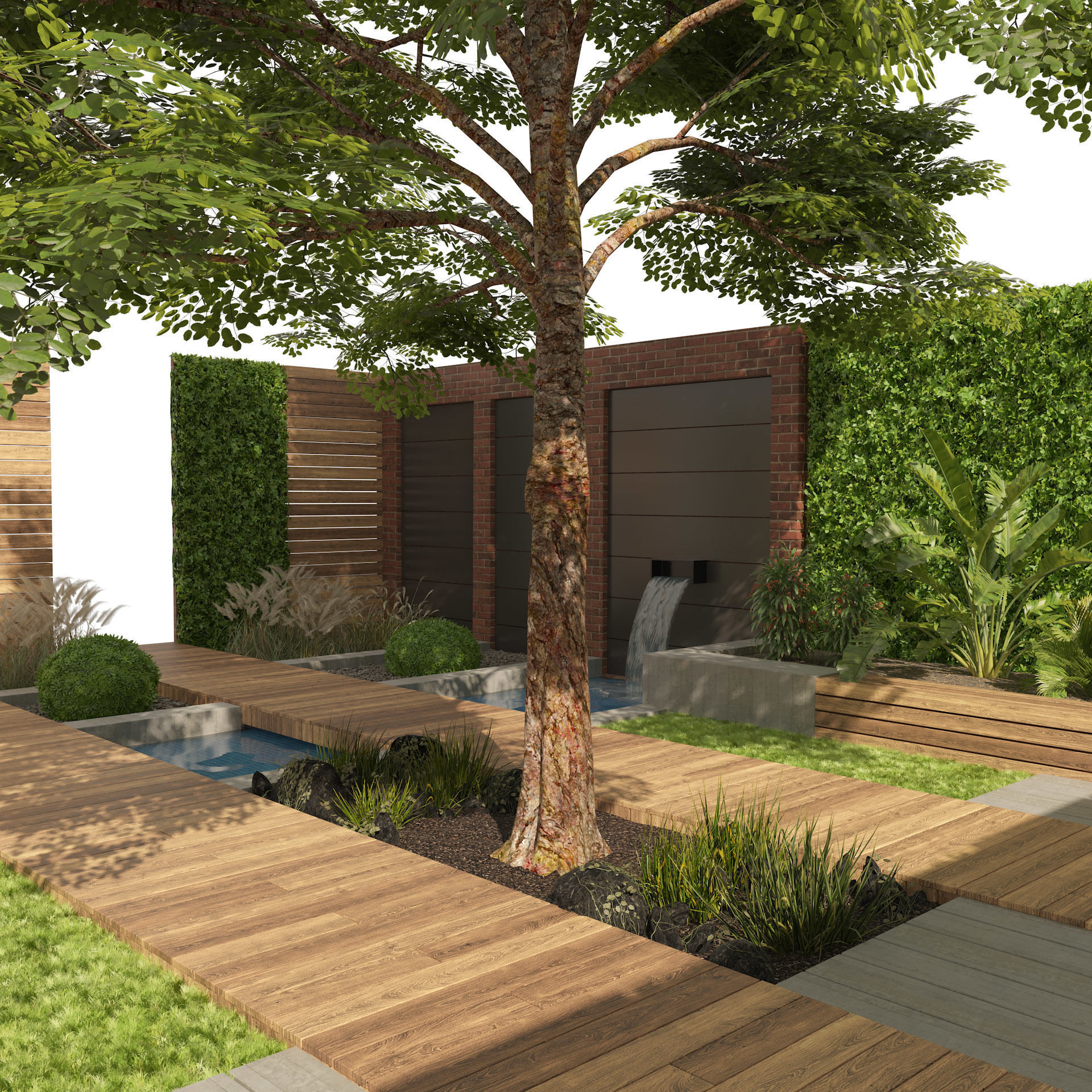 Exterior Garden yard with plants and small pool Low-poly 3D model_2