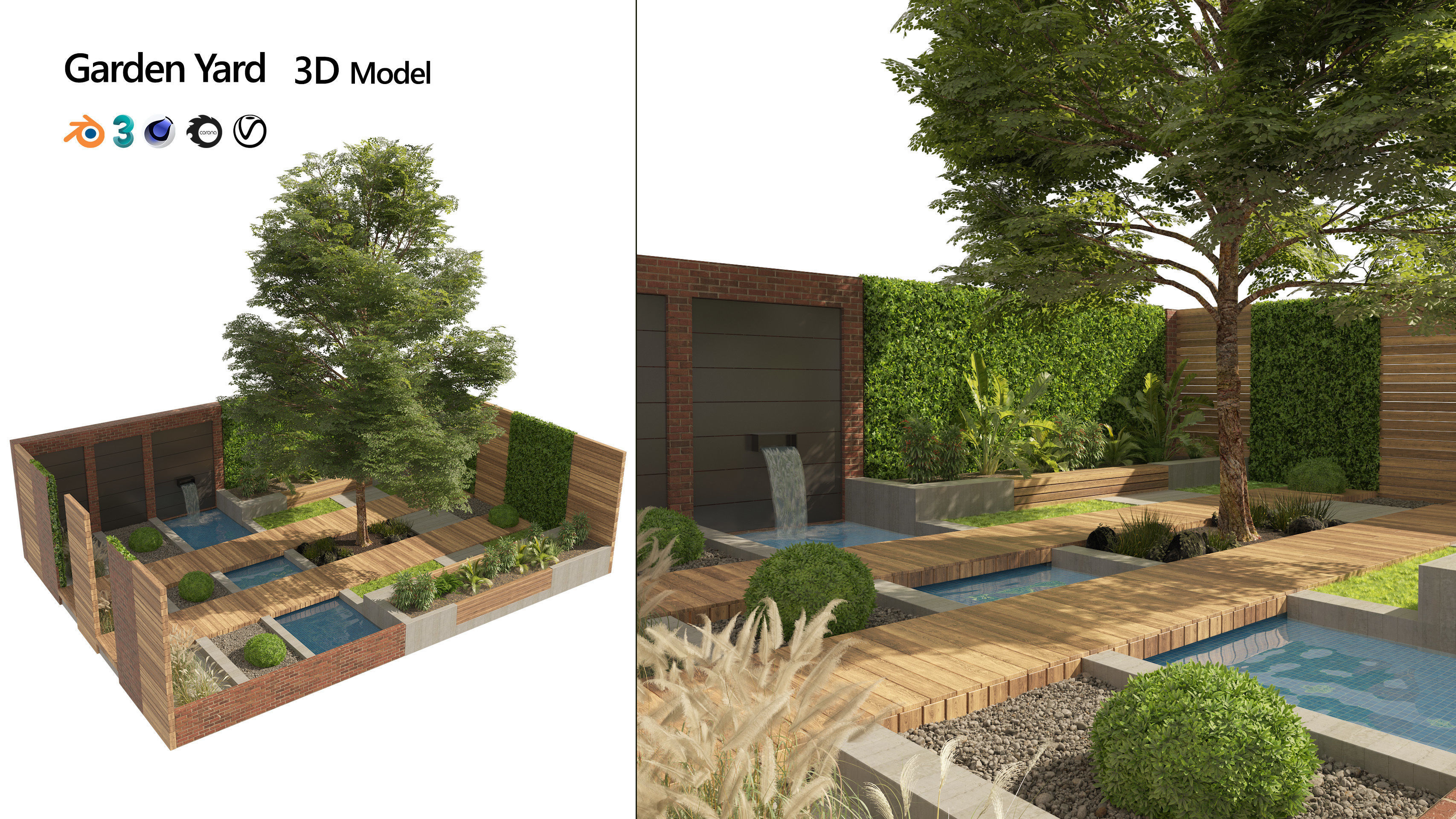 Exterior Garden yard with plants and small pool Low-poly 3D model_7