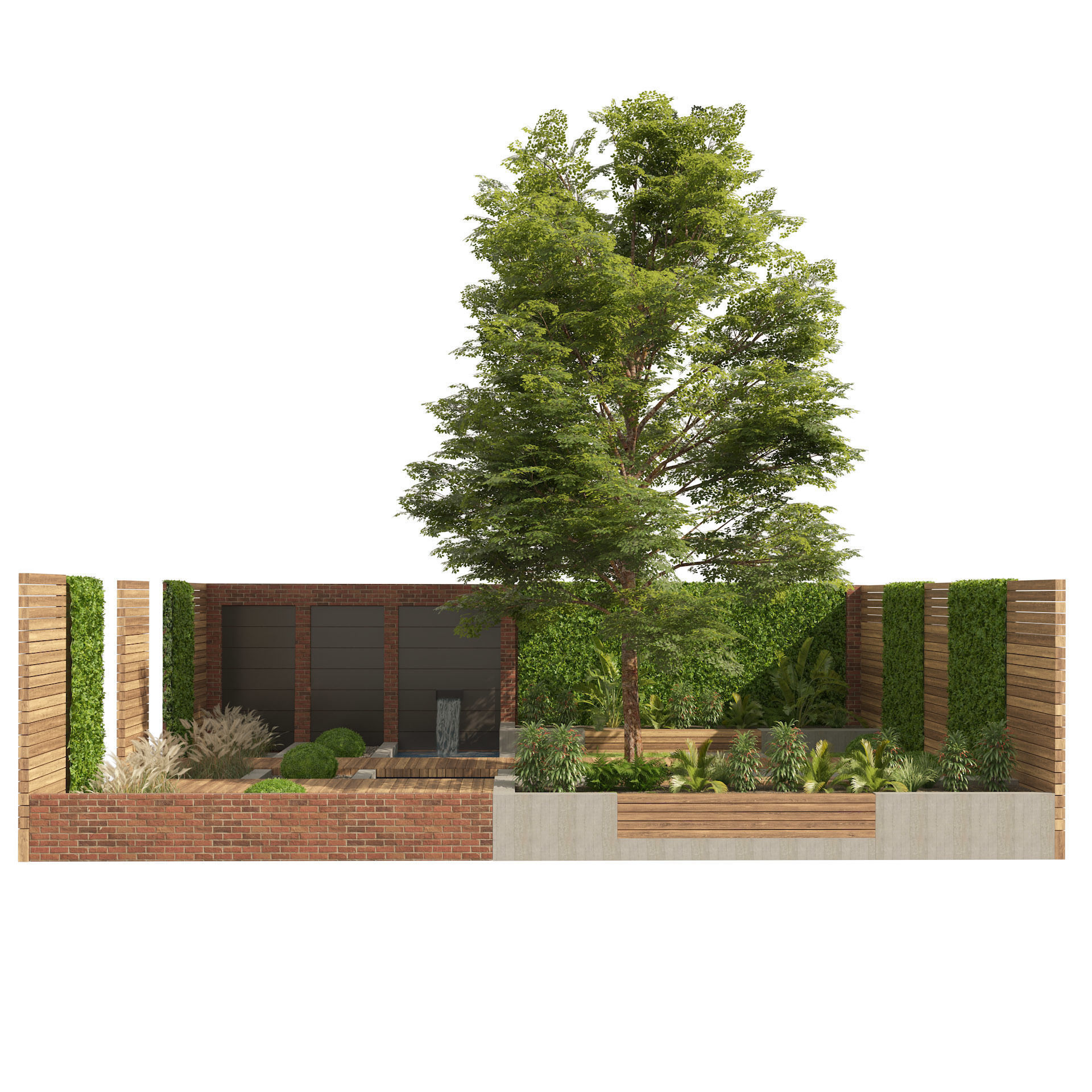 Exterior Garden yard with plants and small pool Low-poly 3D model_3