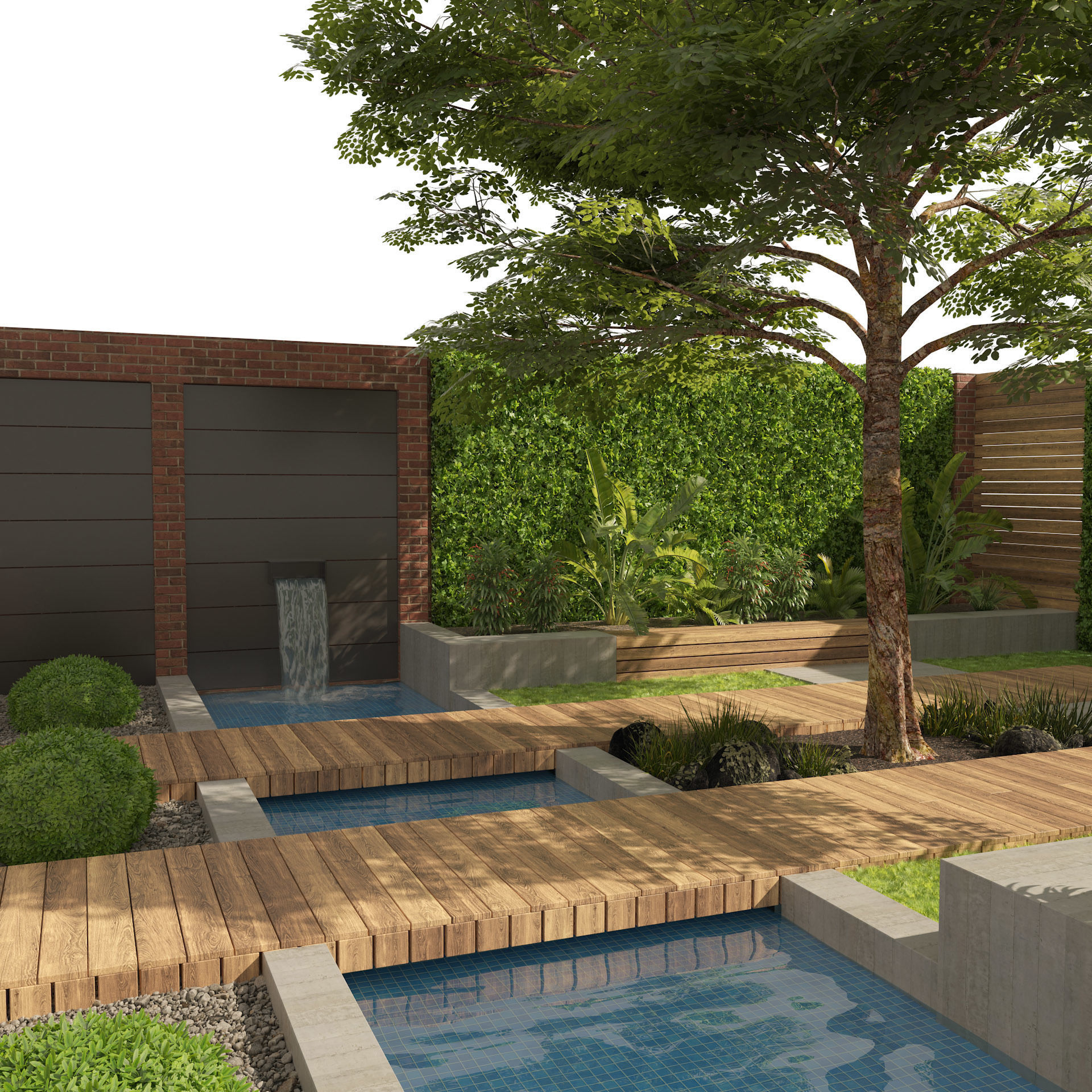 Exterior Garden yard with plants and small pool Low-poly 3D model_5