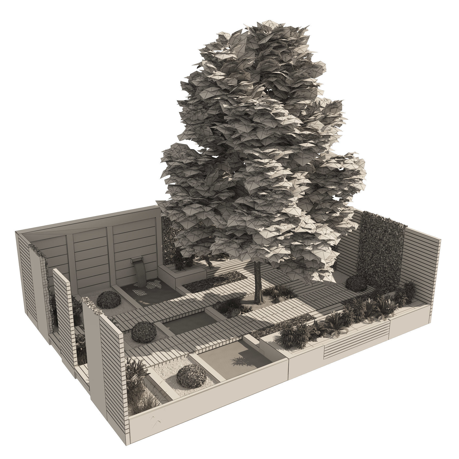 Exterior Garden yard with plants and small pool Low-poly 3D model_6