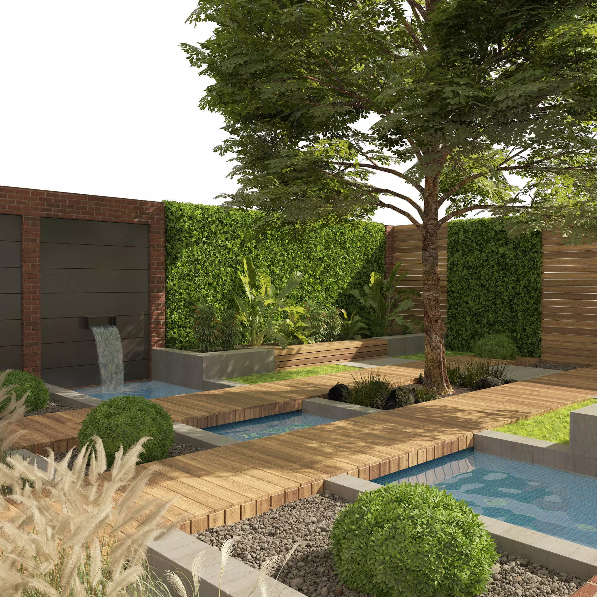 Exterior Garden yard with plants and small pool Low-poly 3D model_0