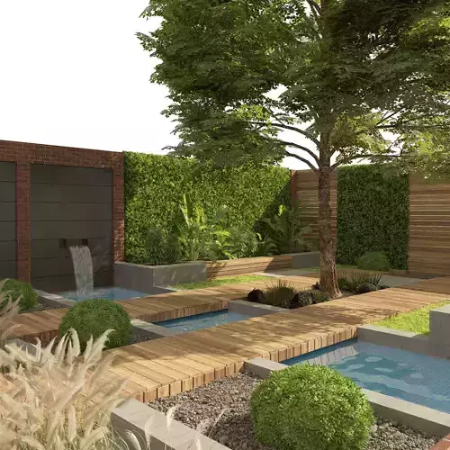 Exterior Garden yard with plants and small pool Low-poly 3D model