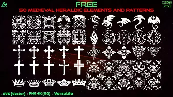50 Free Hand Painted Alpha Medieval Heraldic Symbols - Vol 7 Texture