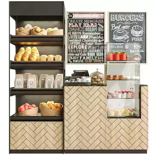 Showcase with desserts and coffee in the supermarket