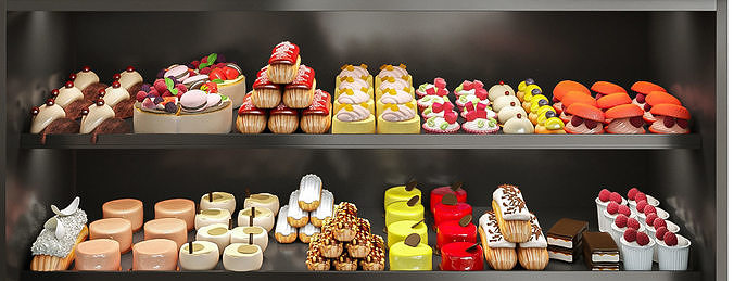 Showcase with desserts cakes and pastries 3D model 4