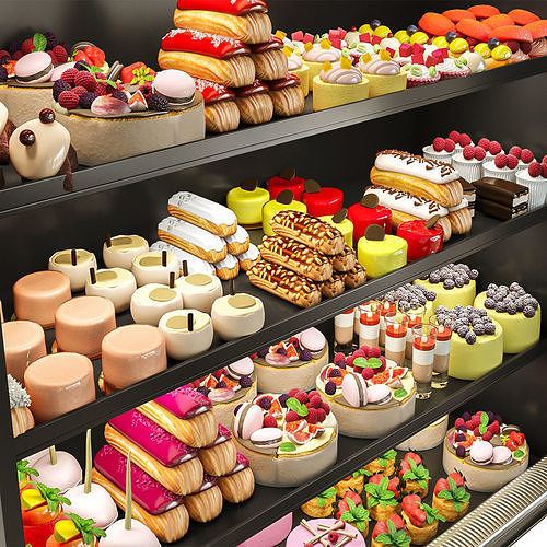 Showcase with desserts cakes and pastries 3D model 3