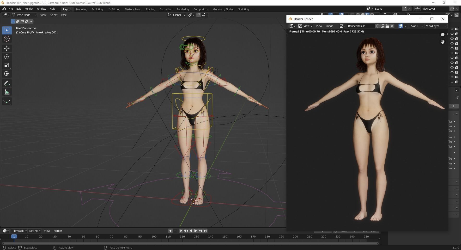 Realistic stylized  cartoon Female 3D Model Naked Woman Rigged Low-poly 3D model_11