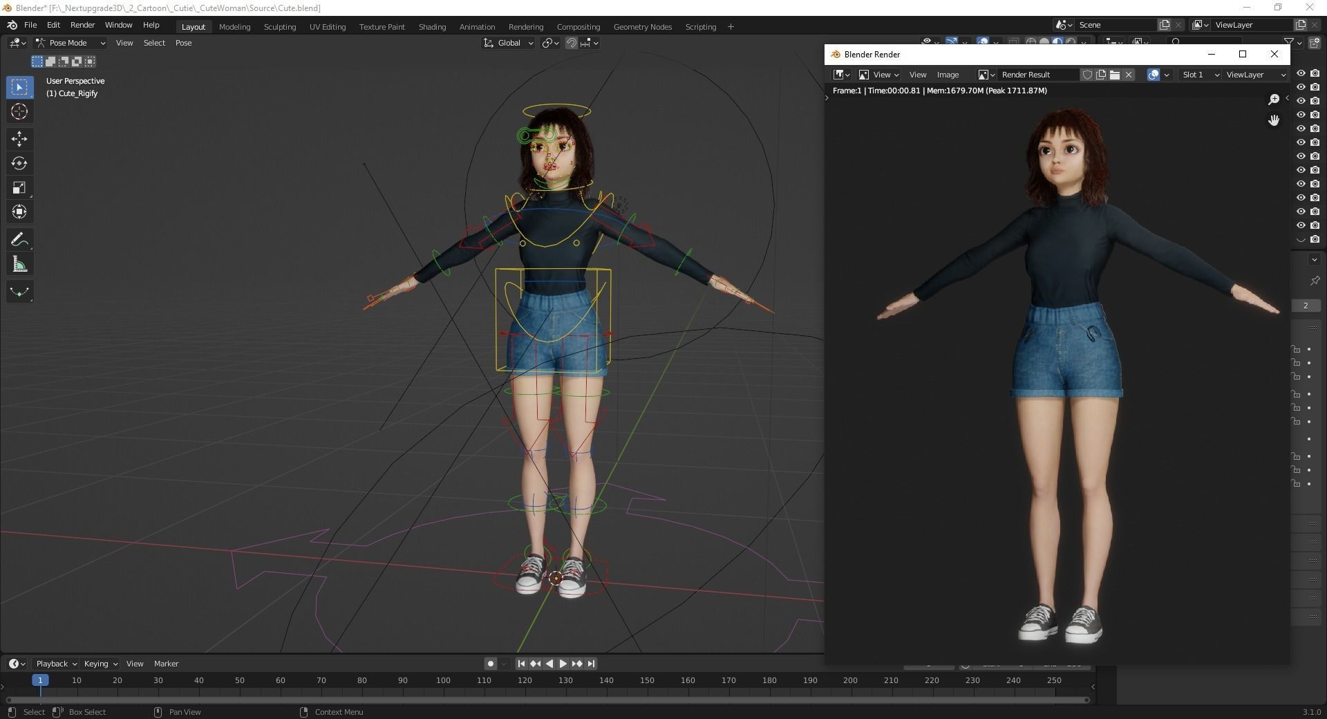 Realistic stylized  cartoon Female 3D Model Naked Woman Rigged Low-poly 3D model_13