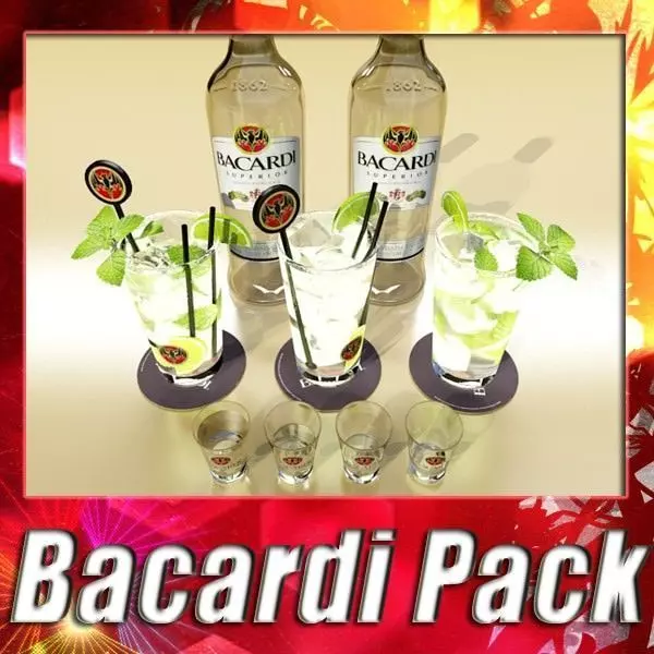 High Detailed Bacardi Bottle Mojito and Rum Shot 3D model_0