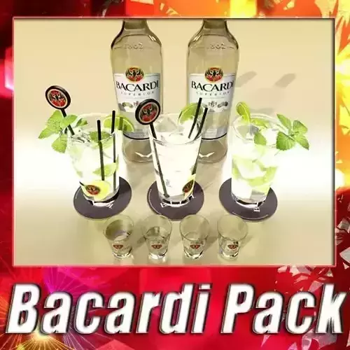 High Detailed Bacardi Bottle Mojito and Rum Shot 3D model
