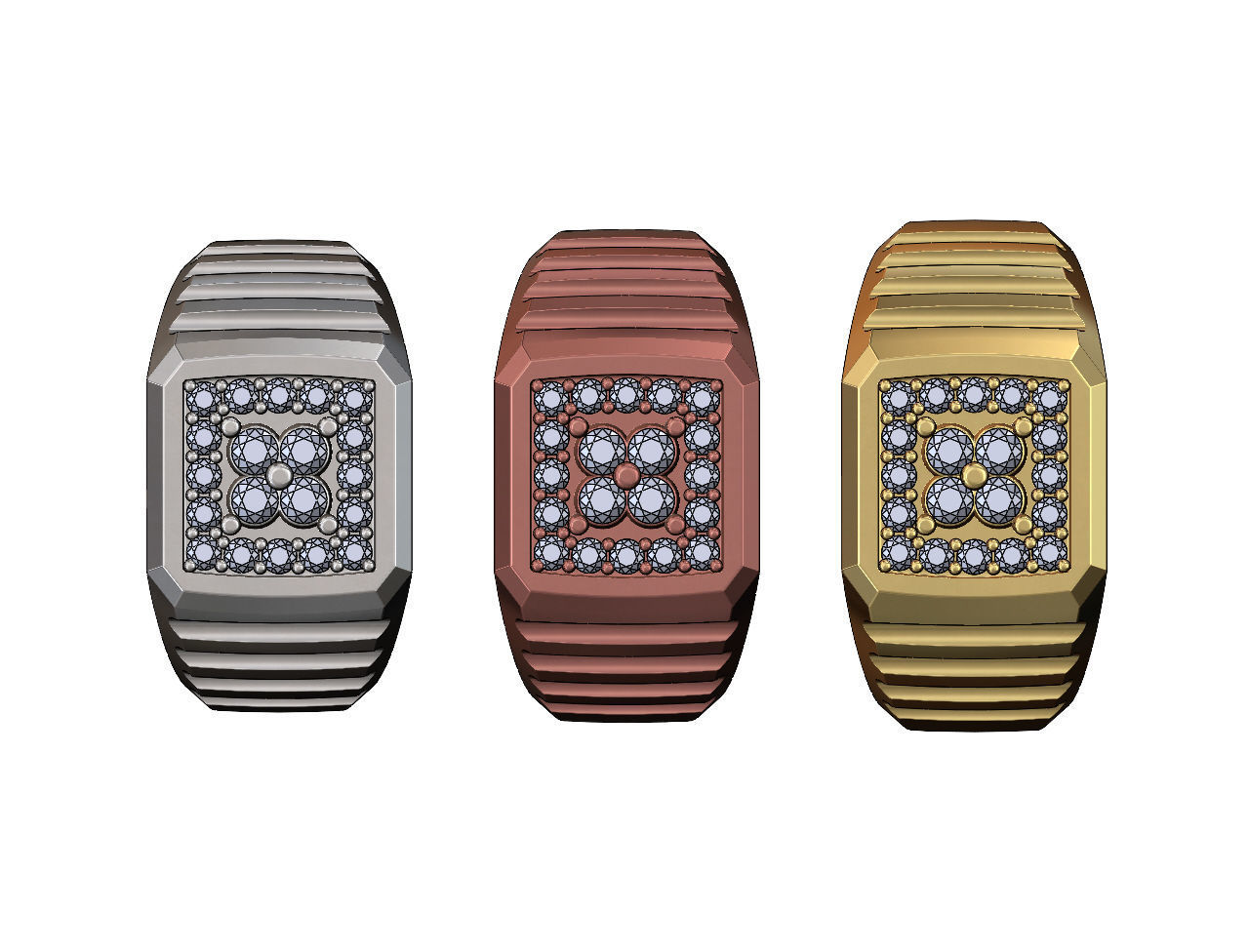 Square cluster diamond top undulated ring US sizes 7 8 9 3D print model_1