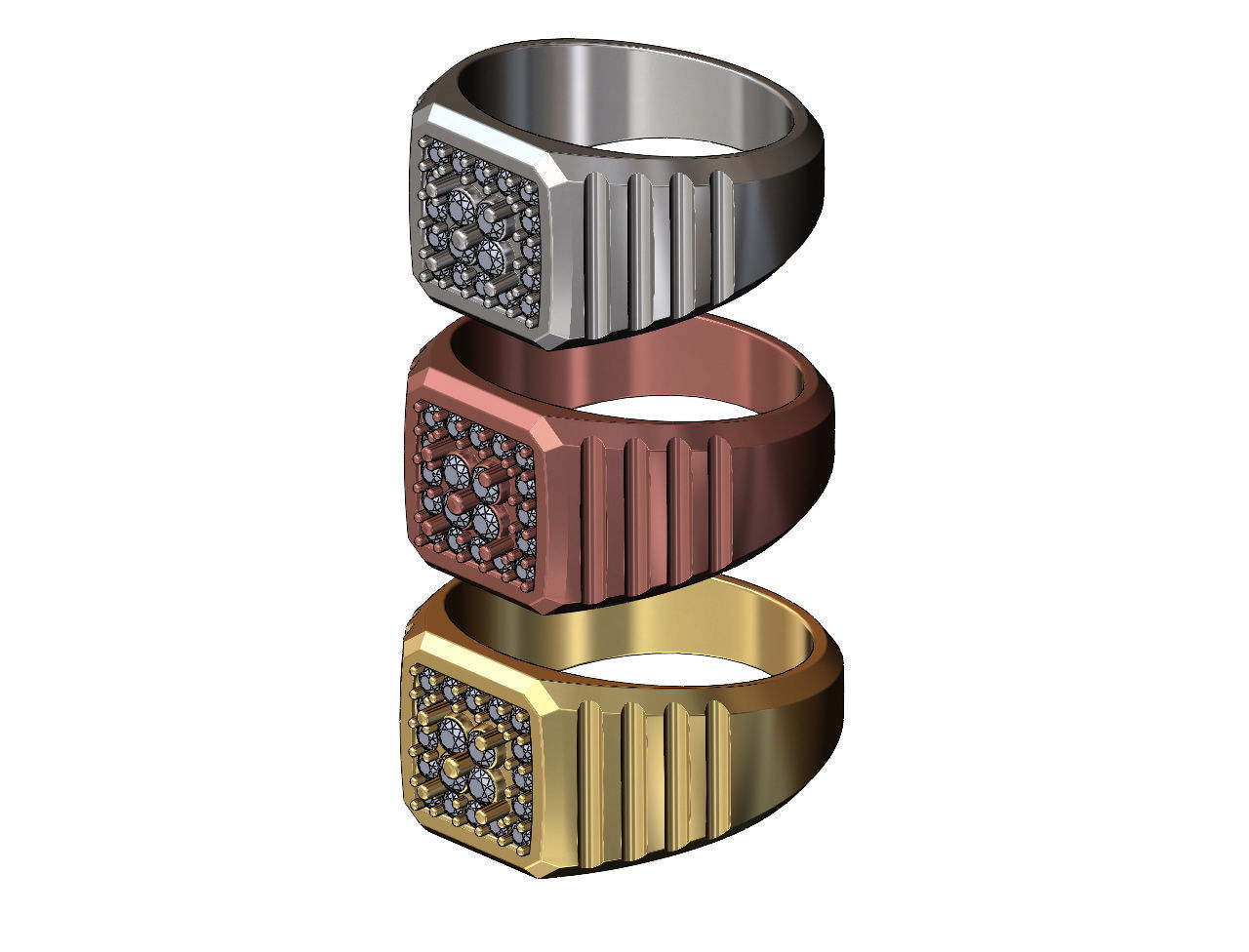 Square cluster diamond top undulated ring US sizes 7 8 9 3D print model_3