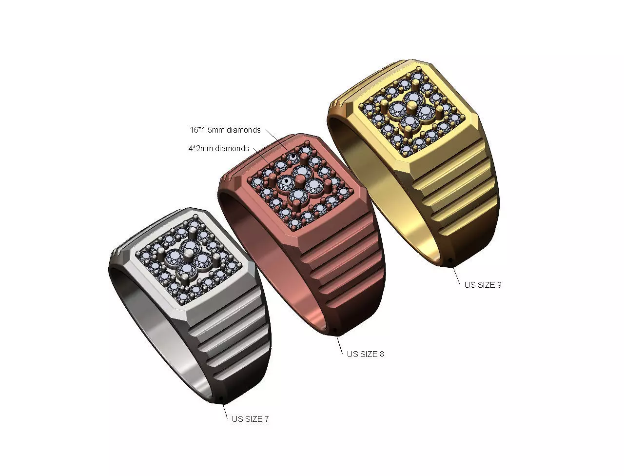 Square cluster diamond top undulated ring US sizes 7 8 9 3D print model_0