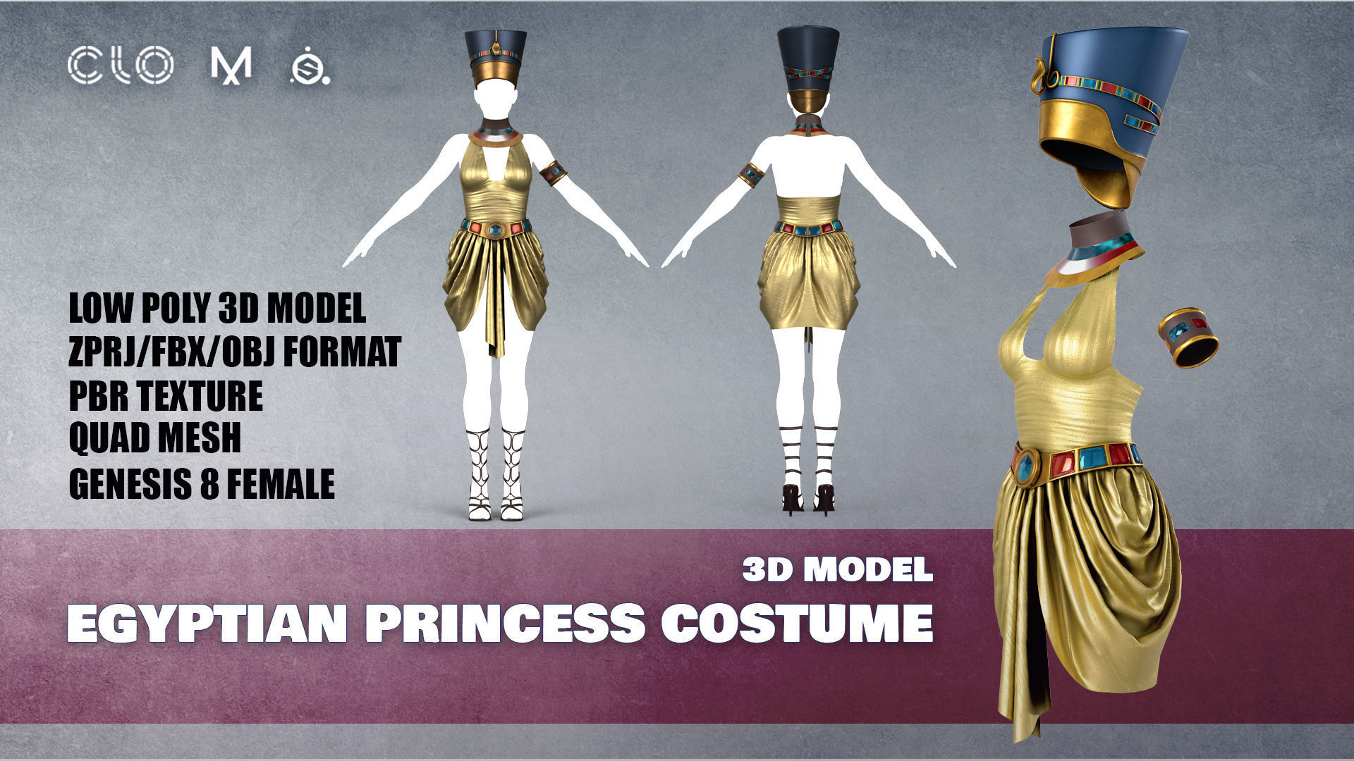 Egyptian princess Costume Low-poly 3D model PBR Low-poly 3D model_1