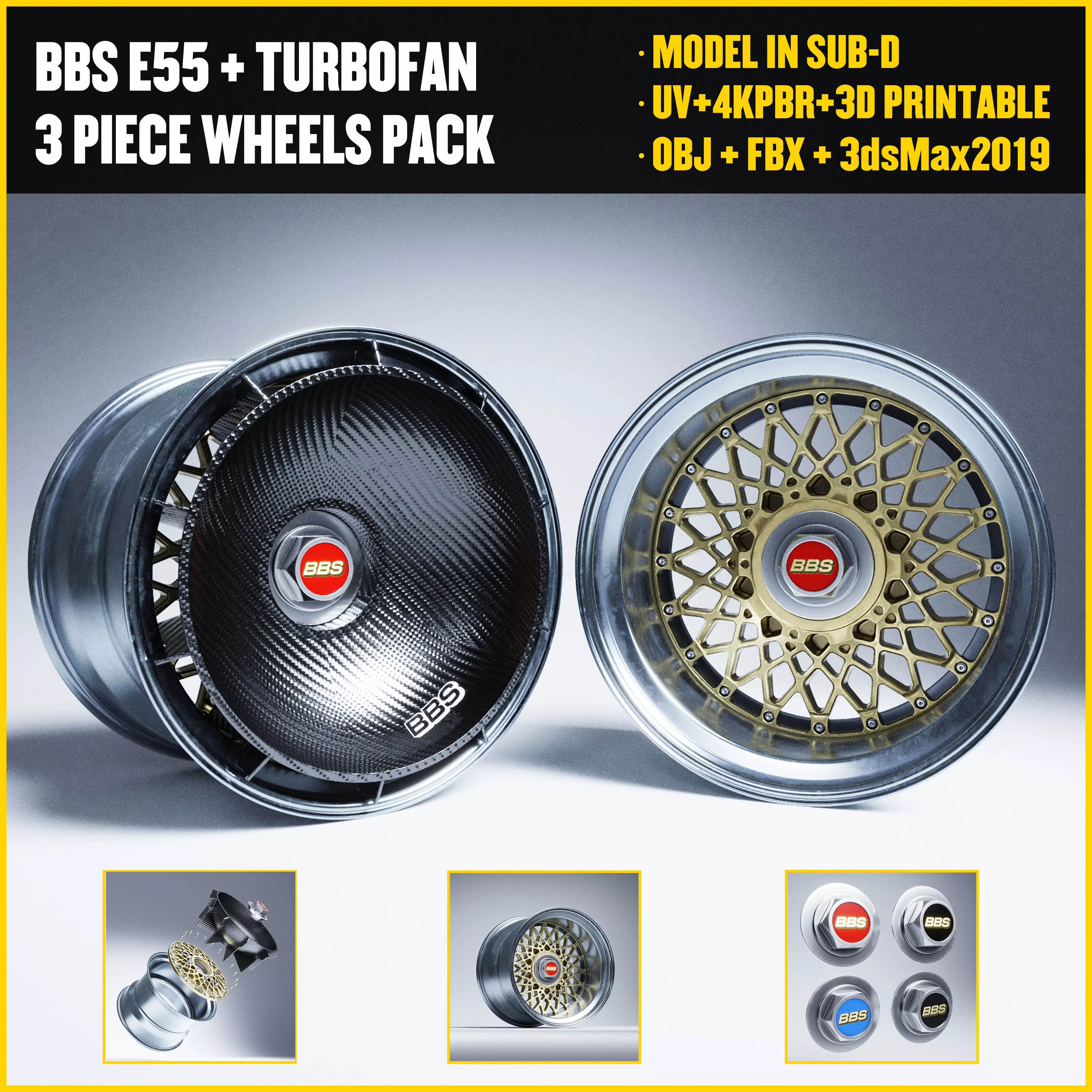 BBS E55 With Turbofan 3 PIECE WHEELS Low-poly 3D model_0