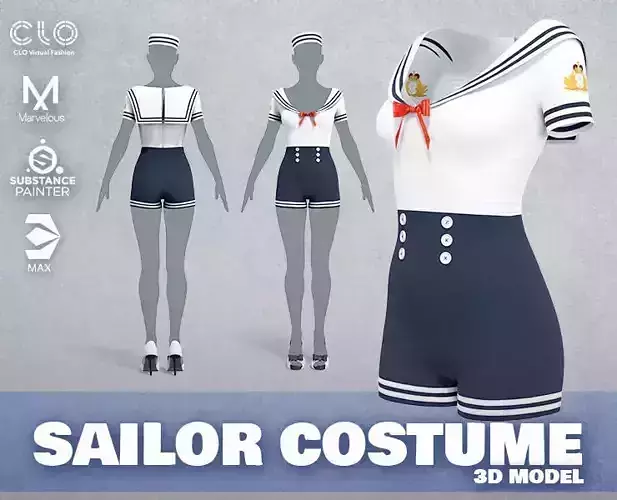Sailor Costume Low-poly 3D model  PBR