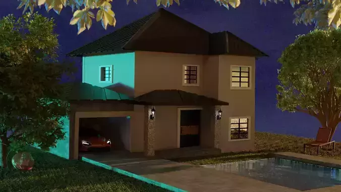 Villa house with pool at night