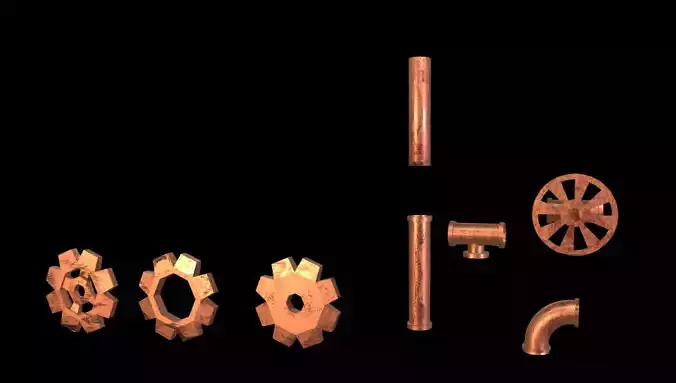 Cogs And Pipes - Lowpoly - PBR copper Low-poly 3D model